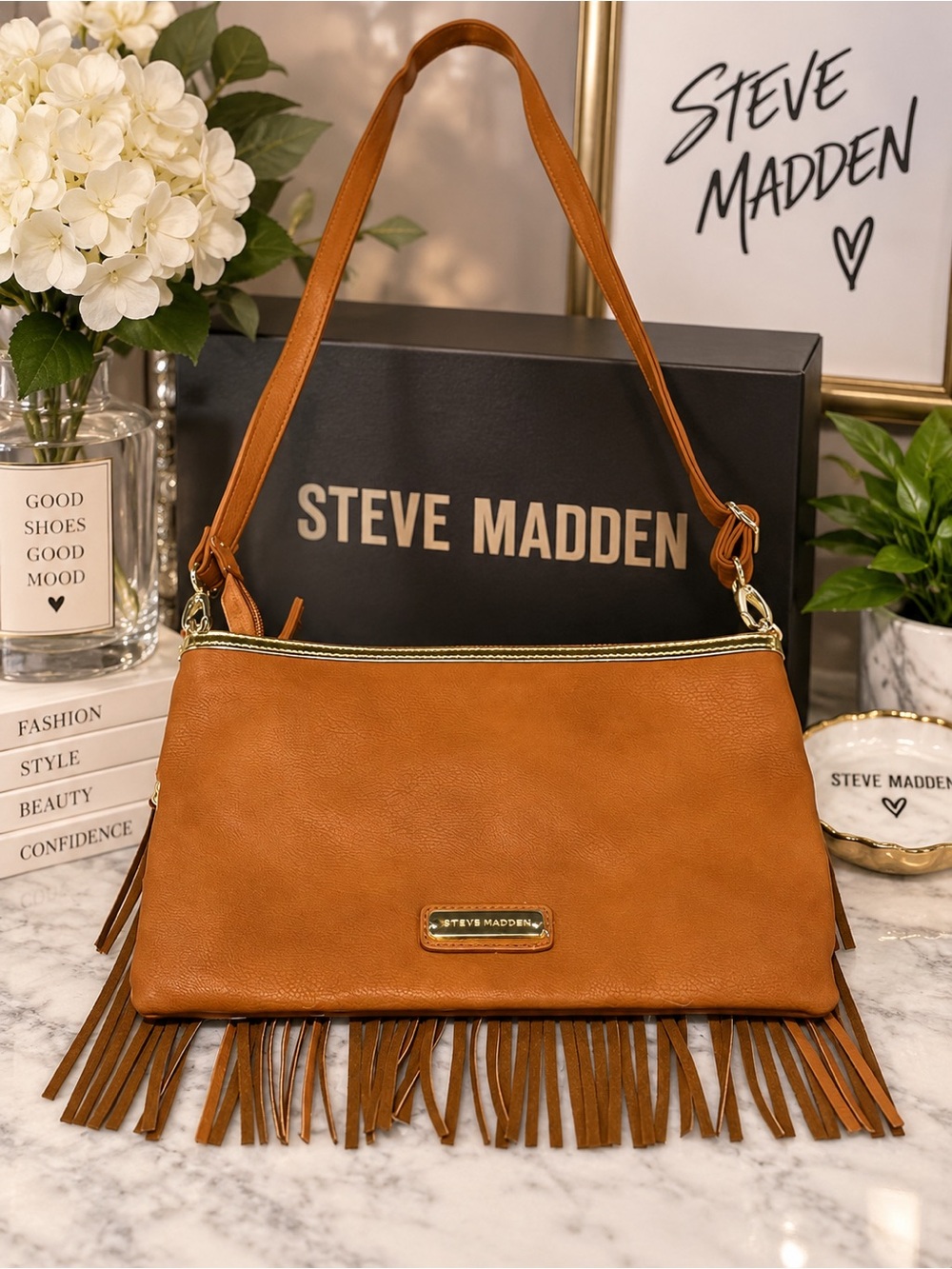 Steve Madden Tan Cognac Fringe Shoulder Bag Purse Boho Western Gold Tone